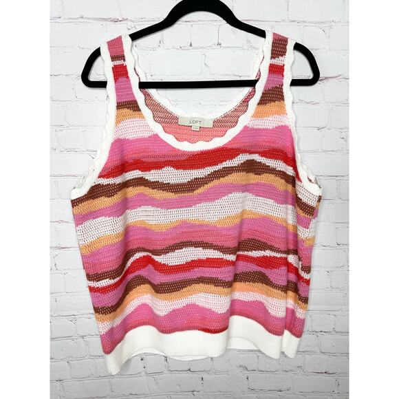 LOFT Wavy Stripe Scoop Neck Sweater Tank Top Pink Zinnia Knit Womens XL - Picture 1 of 5